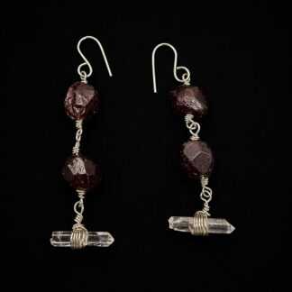 Garnet bead and clear quartz point dangle earrings, silver wire wrapped gemstone jewelry, handmade statement earrings