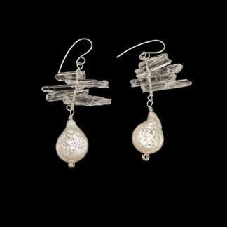 Raw clear quartz cluster and pearl drop earrings, silver wire wrapped, artisan handmade gemstone jewelry