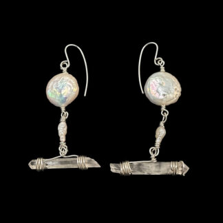 Iridescent coin pearl and horizontal clear quartz bar earrings, silver wire wrapped, modern handmade jewelry design
