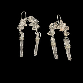 Clear quartz chip cluster and raw quartz point dangle earrings, silver wire wrapped, handmade crystal statement jewelry