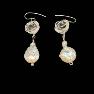 Carved clear quartz rose and baroque pearl drop earrings, silver wire wrapped, elegant handmade gemstone jewelry