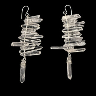 Layered clear quartz point stack earrings with dangling quartz crystal, silver wire wrapped, statement artisan jewelry