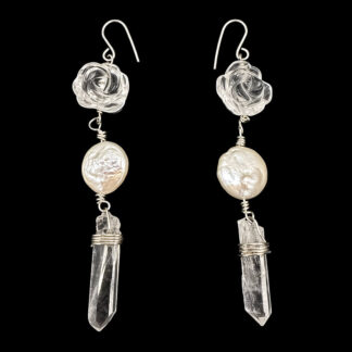 Clear quartz rose, coin pearl, and quartz point dangle earrings, silver wire wrapped, refined handmade gemstone jewelry