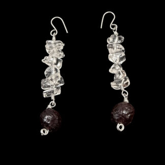 Clear quartz chip and garnet bead dangle earrings, silver wire wrapped, handmade gemstone jewelry