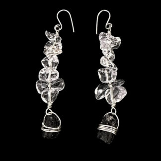 Clear quartz chip cluster and black tourmaline drop earrings, silver wire wrapped, protective stone handmade jewelry