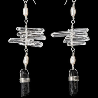 Freshwater seed pearl, quartz point cluster, and black tourmaline earrings, refined handmade jewelry